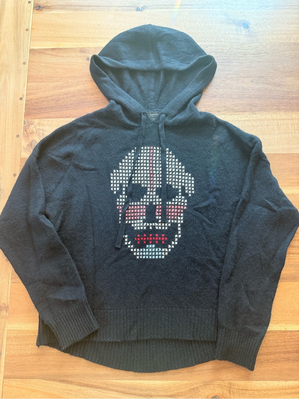 Skull Cashmere Black Hooded Knit with Pixel Face Graphic